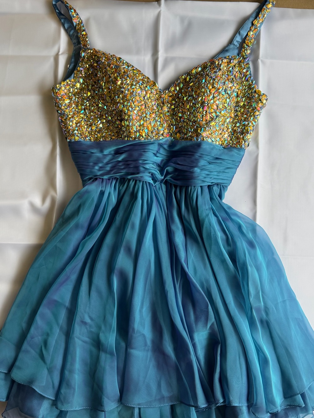 La Femme Y2K Jeweled Cocktail Dress 8 Blue Teal Sequin Bodice Chiffon Babydoll
